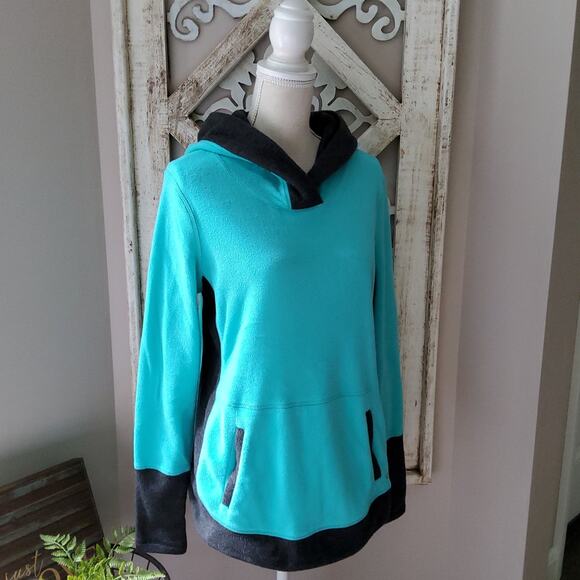 Xersion Women's Fleece Hoodie Pullover with long sleeves in Green & Gray - Picture 1 of 8